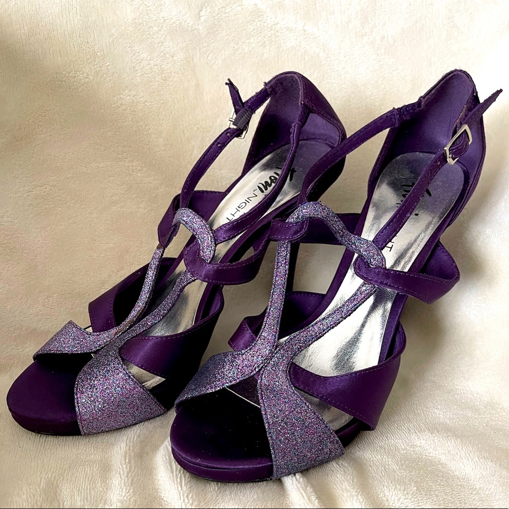 Fioni Night Purple Glitter Heel - Open Toe Platform Strappy Stiletto (Size 8.5)